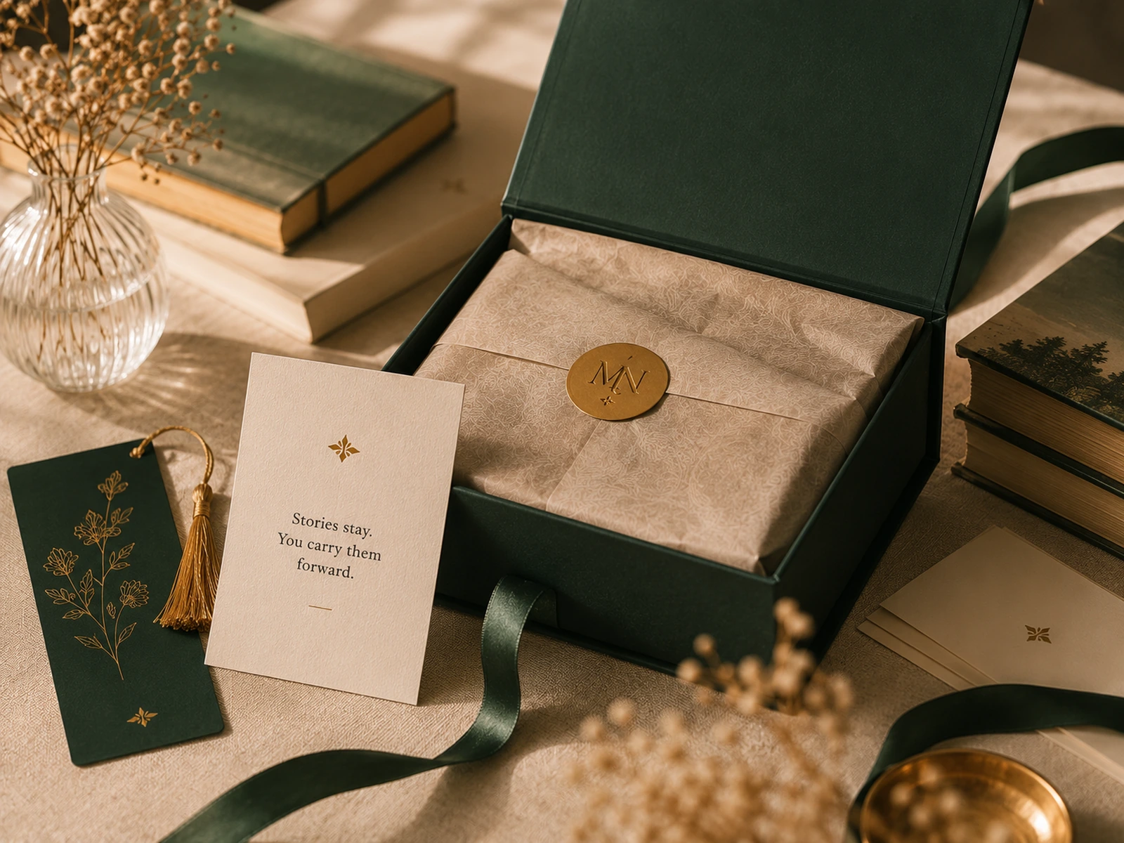 Premium literary package with ribbon, note card and books.