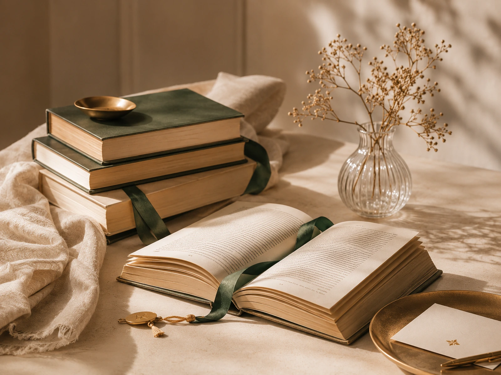 Carefully selected books arranged in a refined still life.