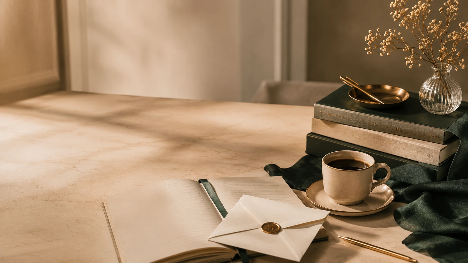 Reading desk with books, stationery and warm correspondence mood.