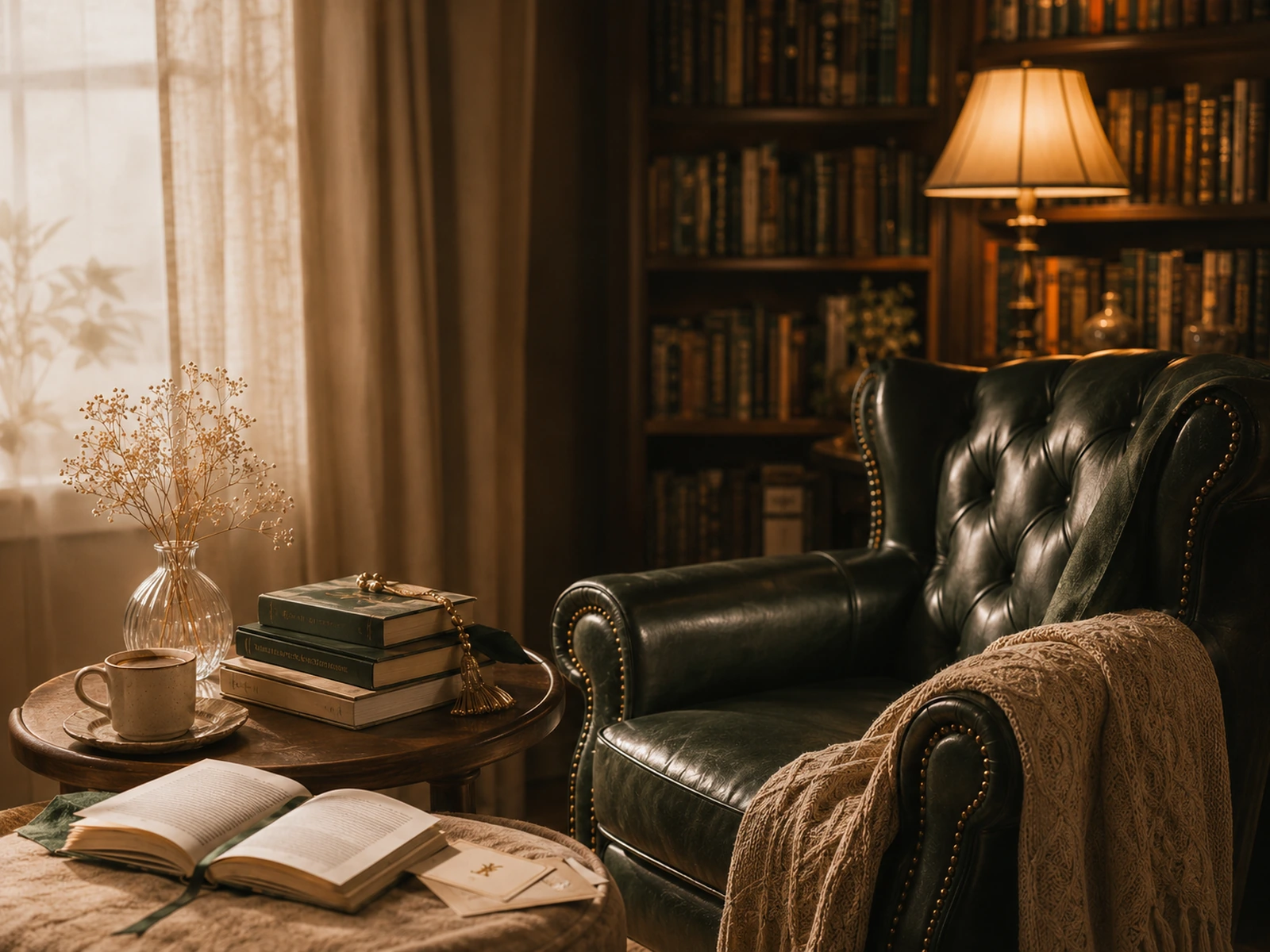 Warm reading corner with books, chair and soft lighting.